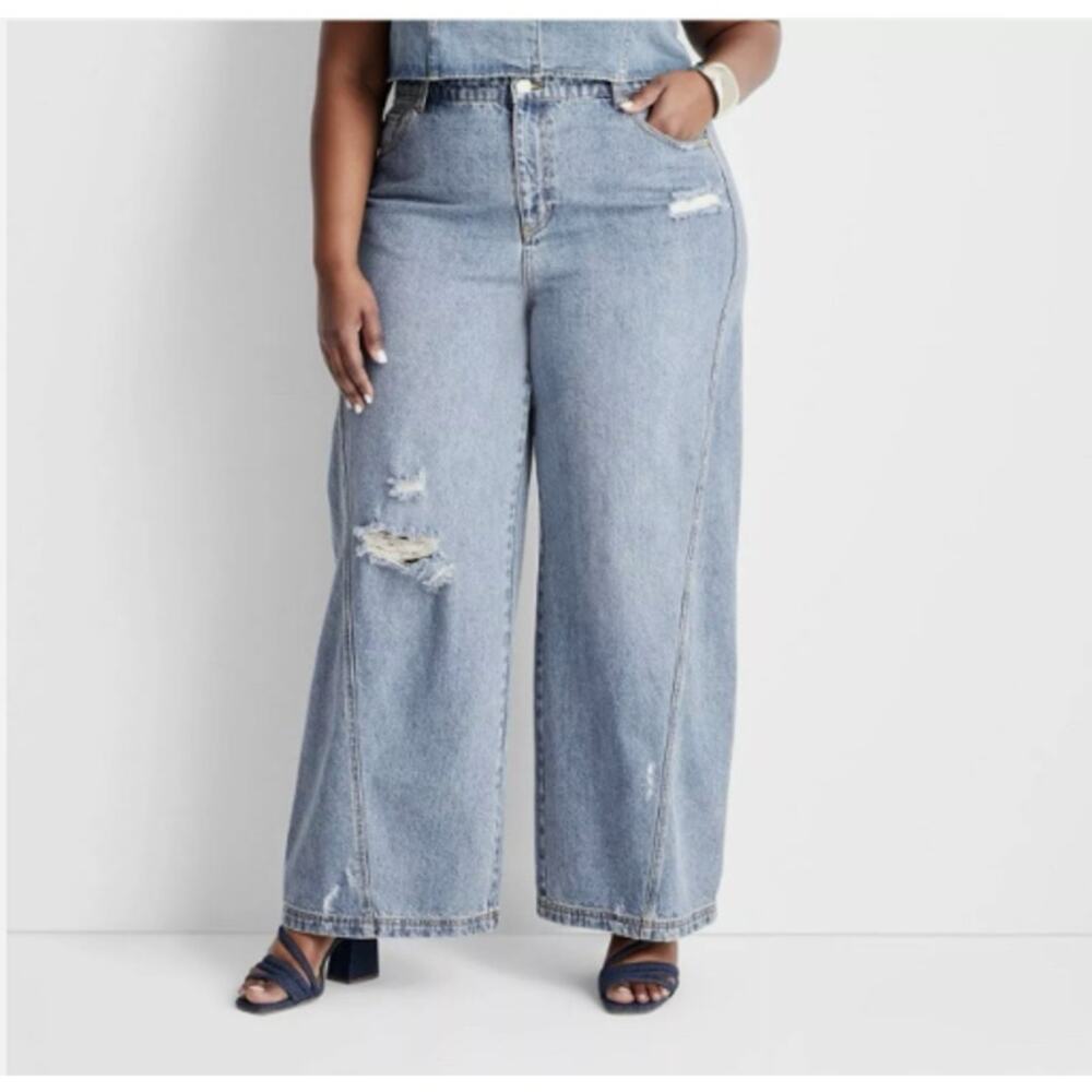 Future Collective Jenee Naylor High-Rise Distressed Wide Leg Jeans Sz 26 Plus